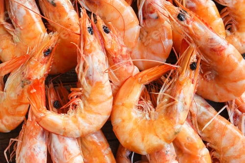 Preview: Shrimp Ready To Eat Boiled Seafood Menu Concept Serving Size. Food Background Top View Copy Space