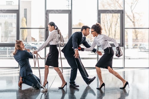 Preview: young multicultural business team fight and quarreling in office