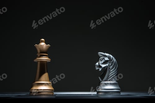 Preview: Chessboard with chess pieces on black background. Leader business concept.