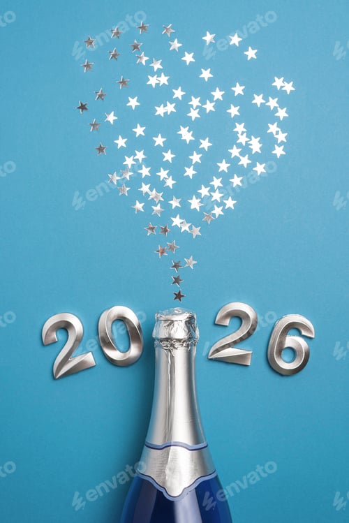 Visualização: Celebração de champanhe de ano novo de 2026 com confetes de prata em fundo azul