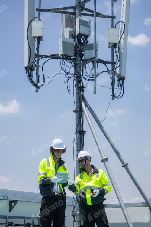 Preview: Engineers inspecting rooftop telecommunications tower