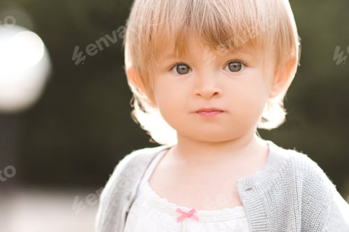 Preview: Funny baby girl 1-2 year old walking in park outdoors. Summer season. Childhood.
