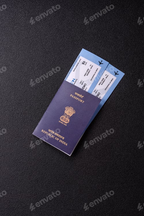 Vista previa: Indian passport and tickets for travelling, flying and doing business. India document, id