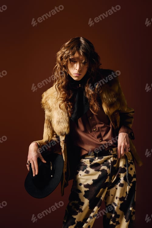 Preview: Stylish young man showcasing unique fashion in a studio with warm tones and creative vibe