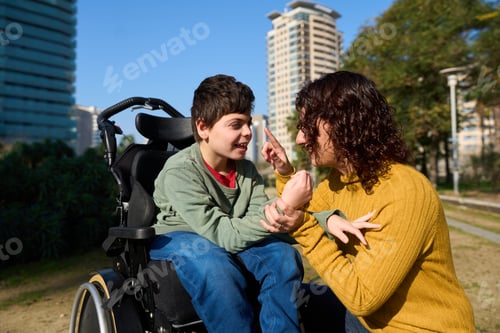 Preview: Boy in Wheelchair and Woman Chatting Outdoors