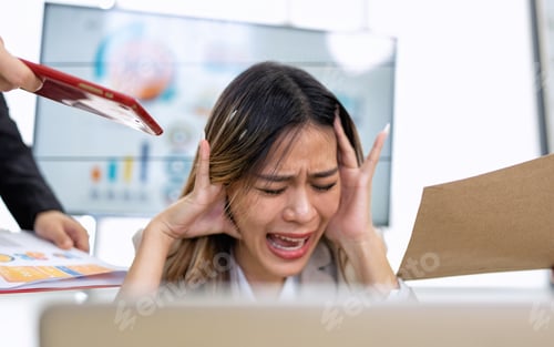Preview: Stressed overwhelmed business worker feels tired at work overload exhausted suffering from headache