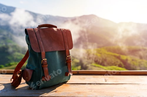 Preview: Backpack with Mountain View at sunrise in the morning, Travel concept