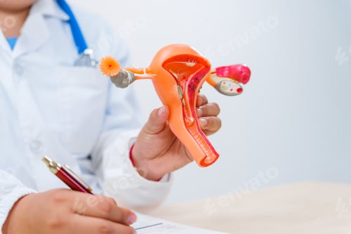 Preview: A doctor works at a desk, examining a uterus model to provide medical care and treatment