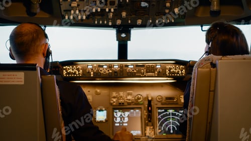 Preview: Team of aviators using dashboard buttons to takeoff with plane