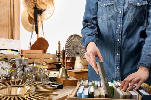 Preview: Woman choosing book near table with different stuff indoors, closeup. Garage sale