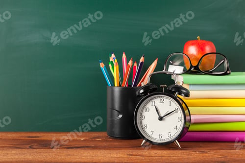 Preview: back to school - apple and books with pencils and blackboard
