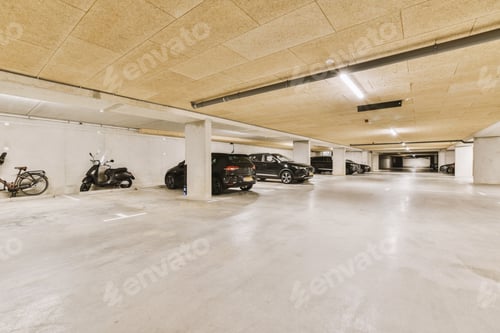 Preview: a parking garage filled with cars and motorcycles