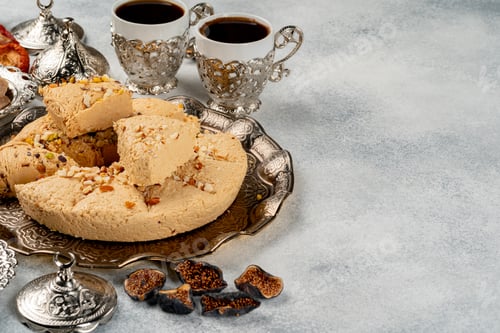 Preview: Close up photo of halva dessert on silver plate