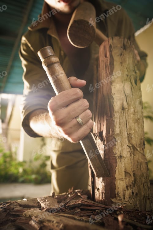 Preview: Young Sculptor Artist Working And Sculpting Wood Statue-3