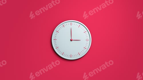 Preview: White wall clock isolated on red background. 3D rendering illustration.