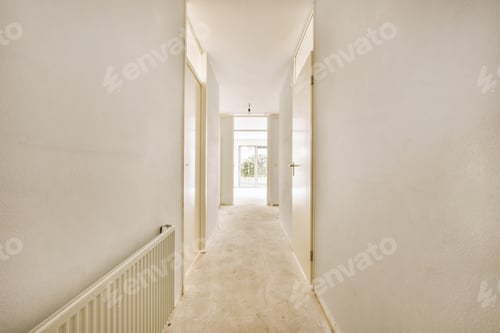 Preview: Narrow simple corridor with doors and lamp