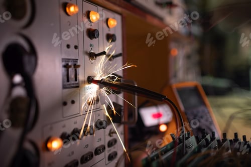 Preview: Electronic sparks scatter quickly and sharply from a short circuit on technological equipment in the