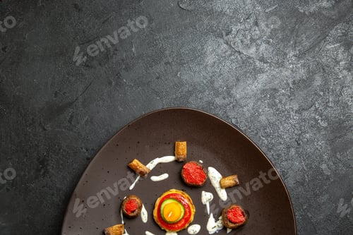 Preview: top view cooked squashes designed meal inside plate on grey background vegetable dinner meal cooking