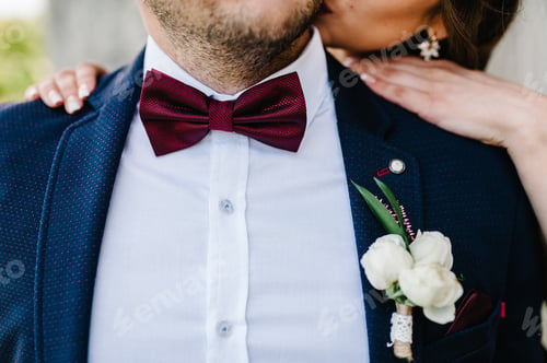Preview: The groom in suit and bow tie, jacket with wedding boutonniere. Bride kissing groom. Wedding kiss