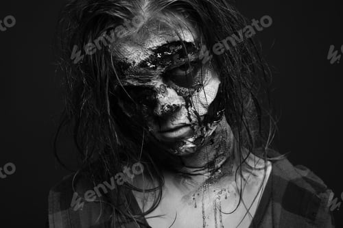 Preview: Scary zombie on dark background, black and white effect. Halloween monster
