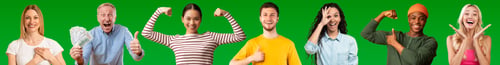 Preview: Cheerful multiethnic people sharing positive emotions on green, collage