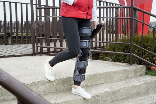 Preview: Woman wearing knee brace or orthosis after leg surgery, walking in the park