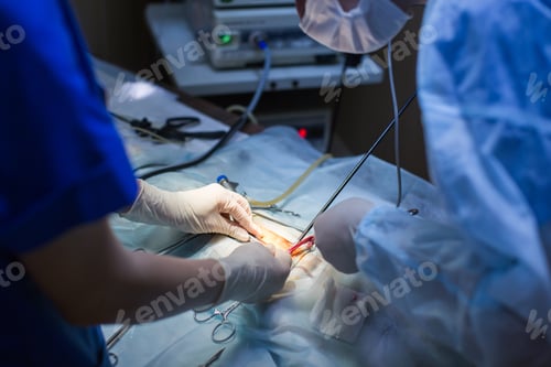 Preview: Vet doing the operation for sterilization. The cat on the operating table in a veterinary clinic.