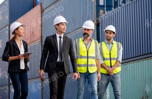 Preview: Group of cargo container workers or factory and engineer technicians walk together