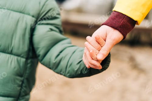 Preview: Family Father and son walking outside in autumn park. Fall. Hold hands