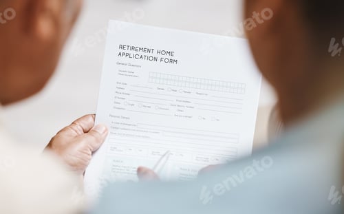 Preview: Contract, hands or old couple with paper with retirement agreement, reading legal document or appli