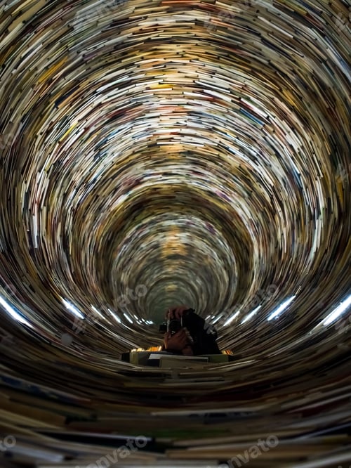 Preview: Vertical low-angle view of someone taking a picture of Prague Library bookshelves through the mirror