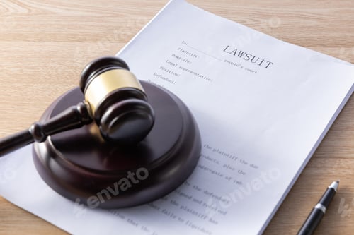 Preview: High angle shot of a gavel and lawsuit papers on a wooden surface