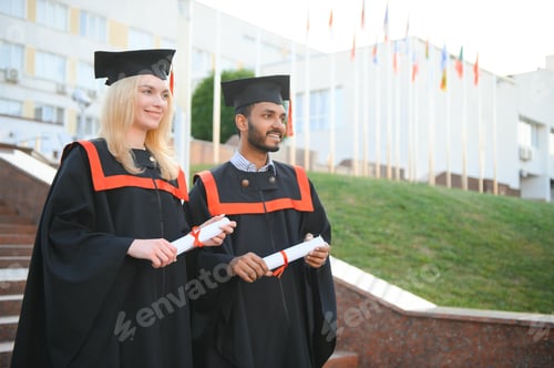 Preview: education, graduation and people concept - group of happy international students.