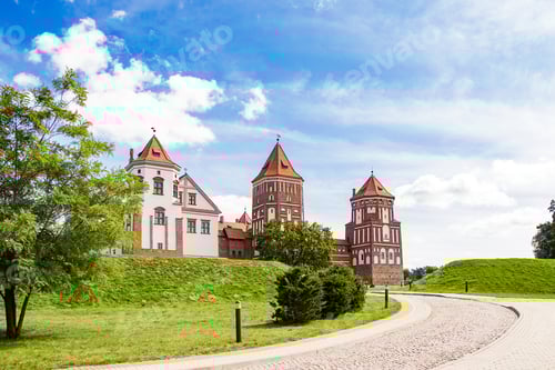 Preview: Mir, Belarus. Beautiful medieval castle on a background of blue sky.