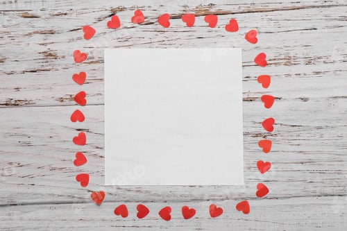 Preview: White sheet of paper on a white wooden background. Valentine's Day Concept