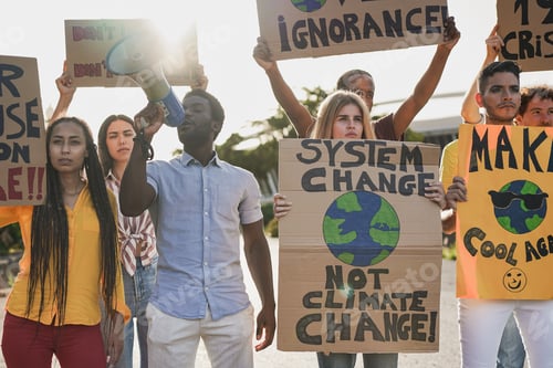 Preview: Young activist people with climate change banner on the street