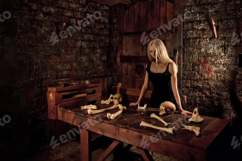 Preview: Witchcraft sexy blonde lady in black posing in dark underground room with skulls and bones