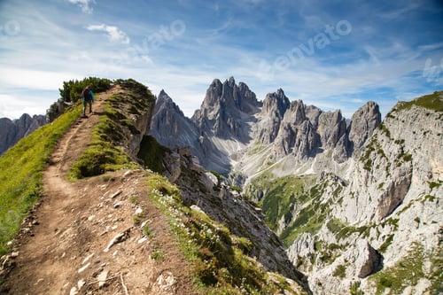 Preview: Stunning view of a tourist on the top of a hill enjoying the view of the Cadini di Misurina