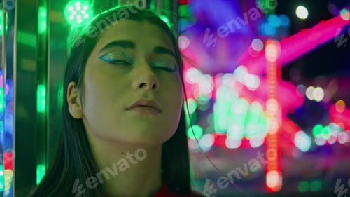Preview: Portrait attractive model resting illuminated park. Thoughtful teenager waiting