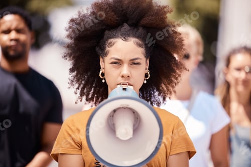 Preview: Freedom, revolution and megaphone with woman in protest event for community, support and leadership