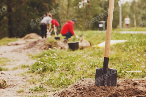 Preview: Young married couple in work uniform with shovel plant tree sapling in ground