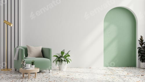 Preview: Green armchair with table on green wall and white terrazzo flooring.