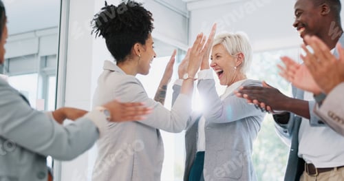 Preview: High five, team and support with business people and success, celebrate winning and solidarity with