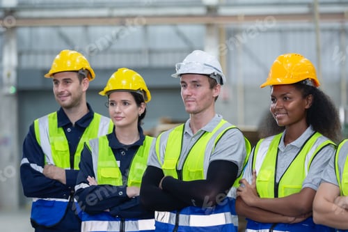 Preview: Team engineering worker technician, workshop manufacturing, Teamwork in industry factory.