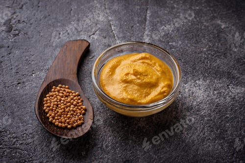 Preview: Mustard and seeds on concrete background