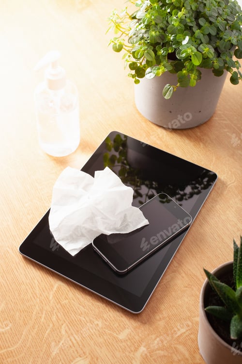 Preview: disinfecting tablet computer and smartphone screen, eliminating germs coronavirus bacteria