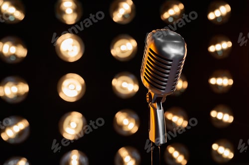 Preview: Classic vintage mic in front of blurred spotlights on black background.