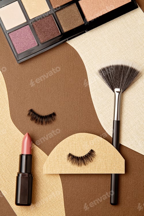 Preview: Lipstick, eyeshadows, makeup brush and falce lashes. Make up artist, beauty salon, beauty blog