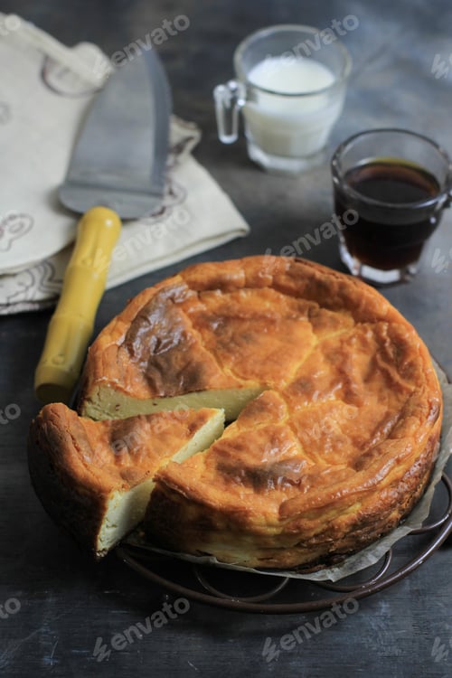Preview: Basque Burnt Cheese Cake on Black Background, Viral Cheese Cake