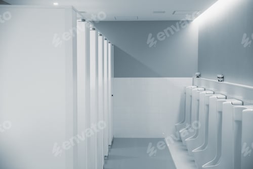 Preview: men restroom with row of urinal bowl clean modern style public toilet in office interior